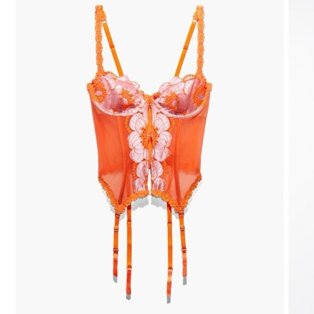 Savage X Fenty Orange Floral Corset Lace Bustier with Garter Large